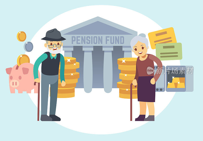 快乐的老人们在存钱。特点为退休计划和个人理财方案向量概念