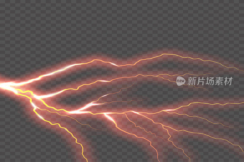 闪电，雷电，暴风雨，闪电。矢量现实的闪电雨天气雷电在方格背景