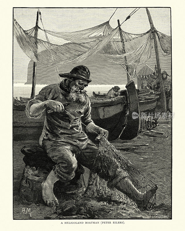 黑尔戈兰的渔民正在补网，19世纪