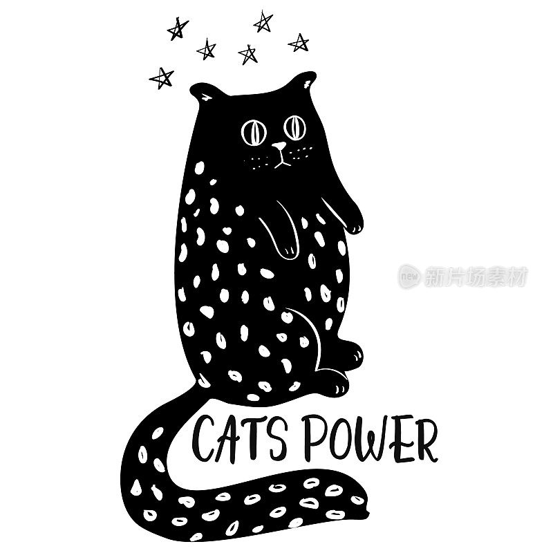 涂鸦可爱的猫贺卡设计模板。手绘动物人物t恤设计。有趣的猫情绪。