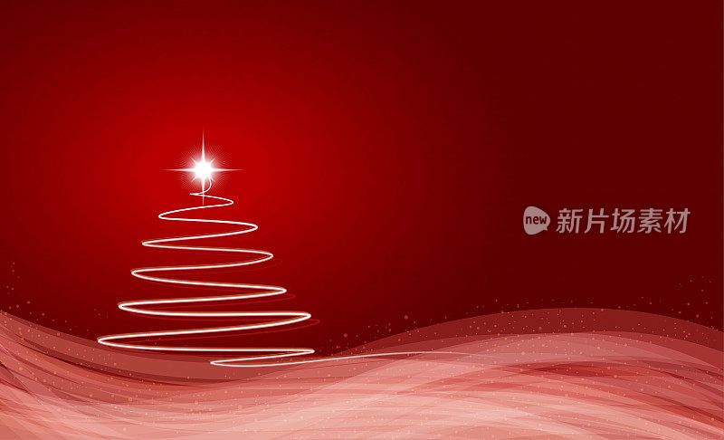 水平矢量插图的一个创造性的深红色栗色酒颜色的背景与一个创造性的螺旋白色单线绘制圣诞树与明亮的闪亮的星星在顶部，波浪图案在底部