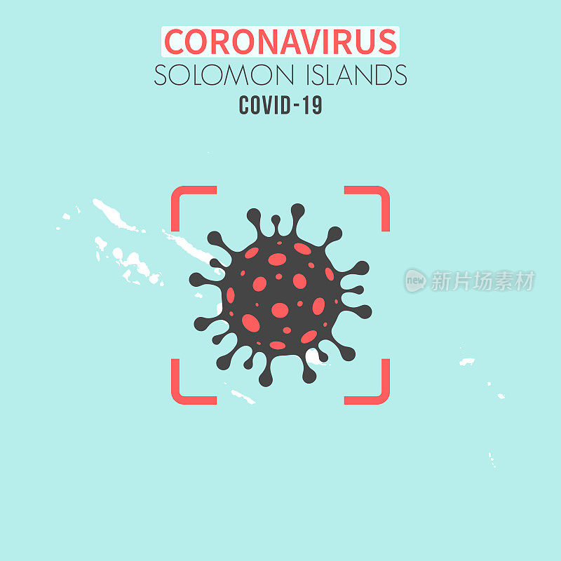 所罗门群岛地图，红色取景器中有冠状病毒细胞(COVID-19)