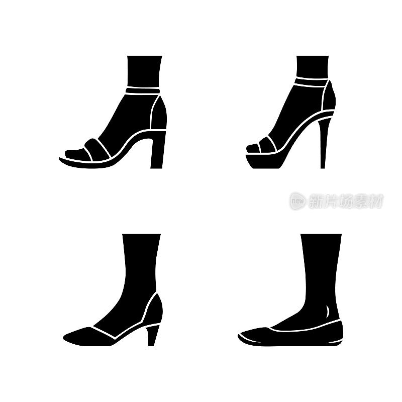 女鞋正版字形图标集。女性优雅的高跟鞋。经典高跟鞋，芭蕾舞鞋，脚踝绑带凉鞋。时尚的高跟鞋。轮廓符号。向量孤立的插图