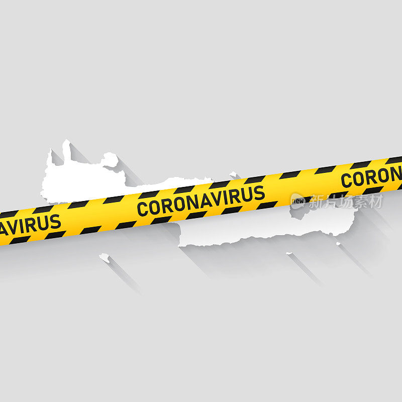 带冠状病毒警告胶带的克里特岛地图。Covid-19爆发