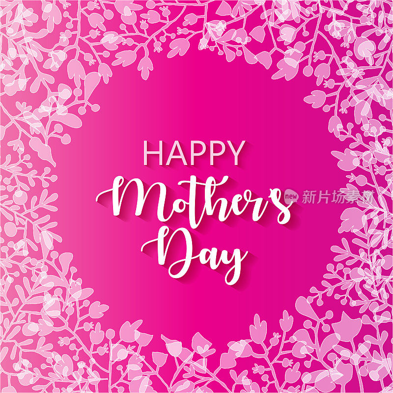母亲节快乐，白色花花边框架与粉红色的背景。母亲节贺卡的优雅模板。