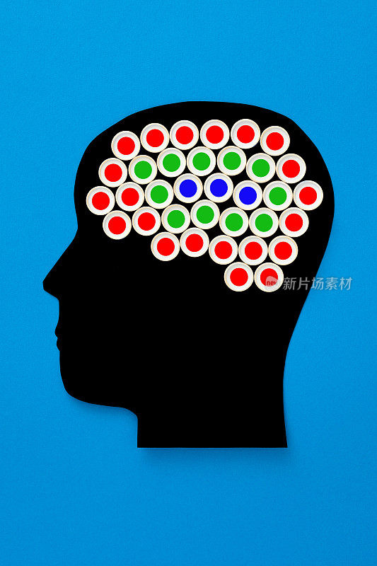 红色、绿色和蓝色的圆圈代表大脑