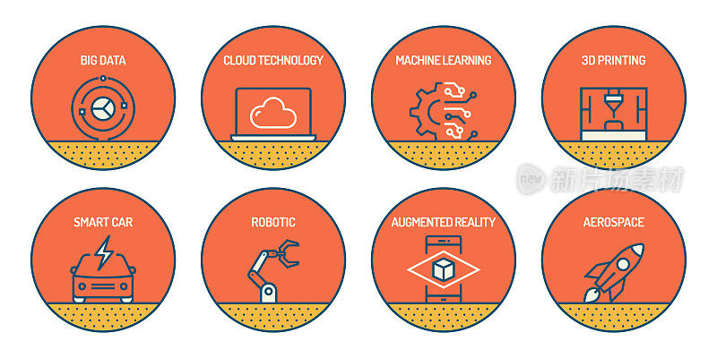 一组技术和创新相关的线图标。简单的轮廓图标。