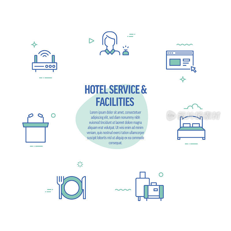 酒店服务和设施相关的线路图标。现代线条风格设计元素。