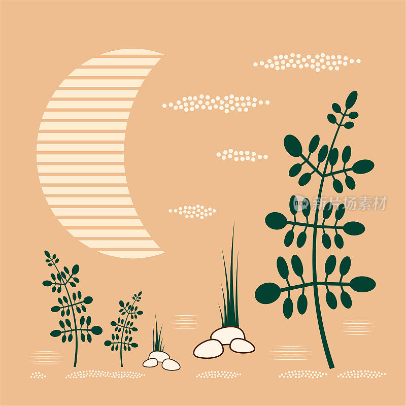 矢量插图与植物叶子在月球的背景。植物和自然。