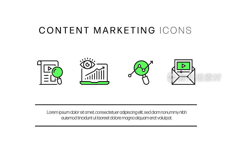 内容营销平面线图标，轮廓向量符号插图。