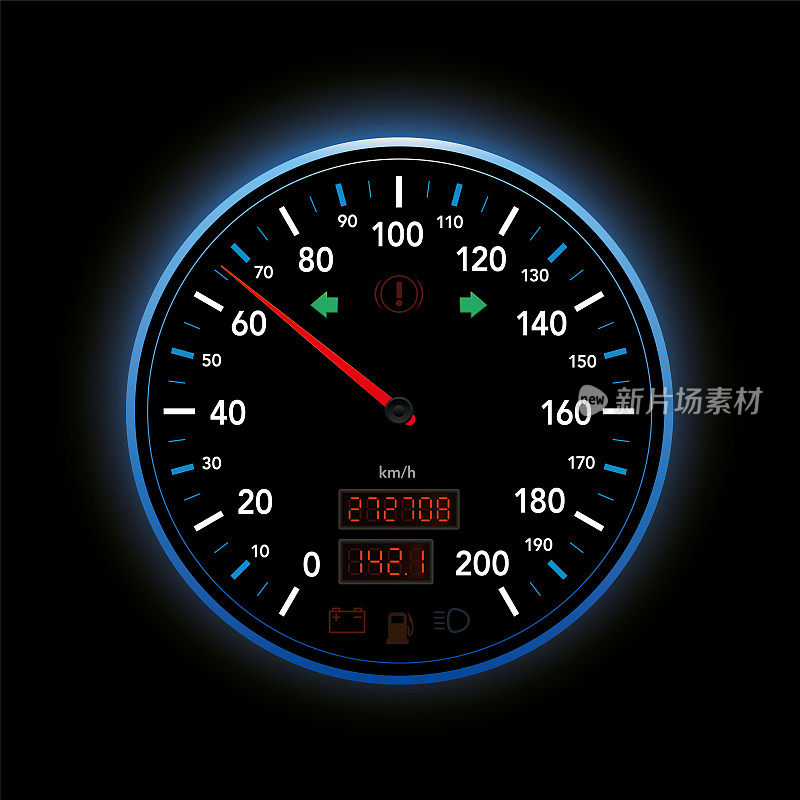 速度计，现代汽车显示从零到200公里每小时，红色指针，数字里程，转向信号指示灯和警告灯。孤立的矢量插图上的黑色背景。
