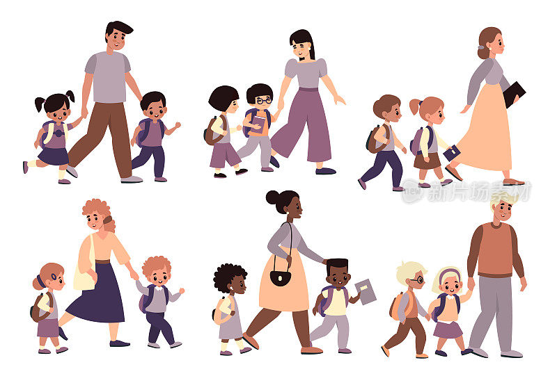 父母带着孩子走路。妈妈和爸爸手牵着手陪孩子上学，孩子和大人一起去上课，早上送别。矢量卡通多彩的人