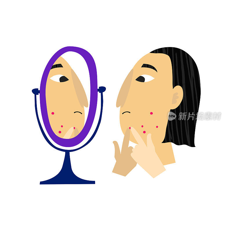 年轻人照镜子，脸上冒出一颗青春痘。粉刺问题的概念。