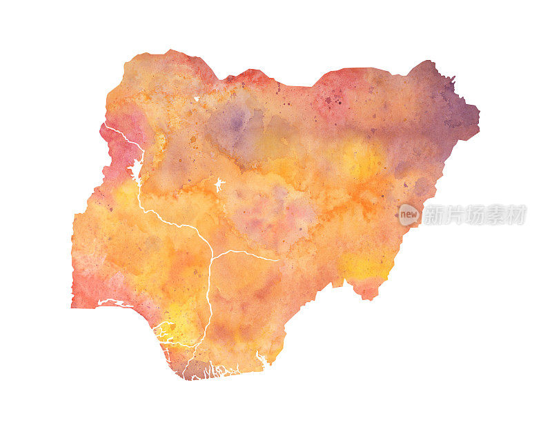 尼日利亚橙色和紫色水彩光栅地图插图