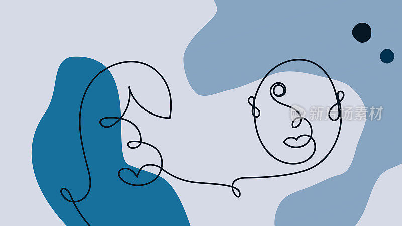线条艺术插图的两个人与蓝色抽象背景
