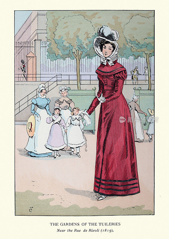 年轻的女人穿着红色的裙子，戴着帽子，漫步在杜伊勒里宫花园，巴黎，19世纪早期的时尚