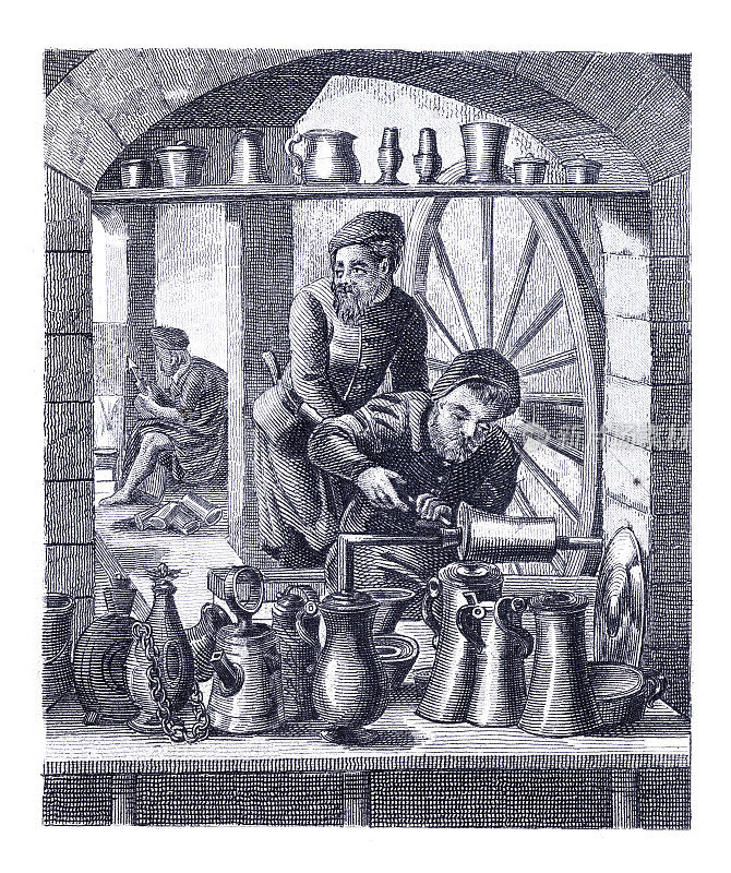 16世纪在车床上加工锡制品的工匠