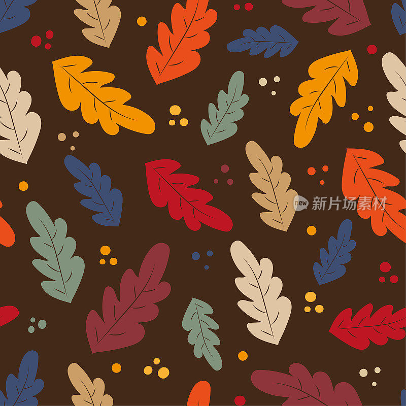 秋天的橡树叶无缝图案上的棕色背景。