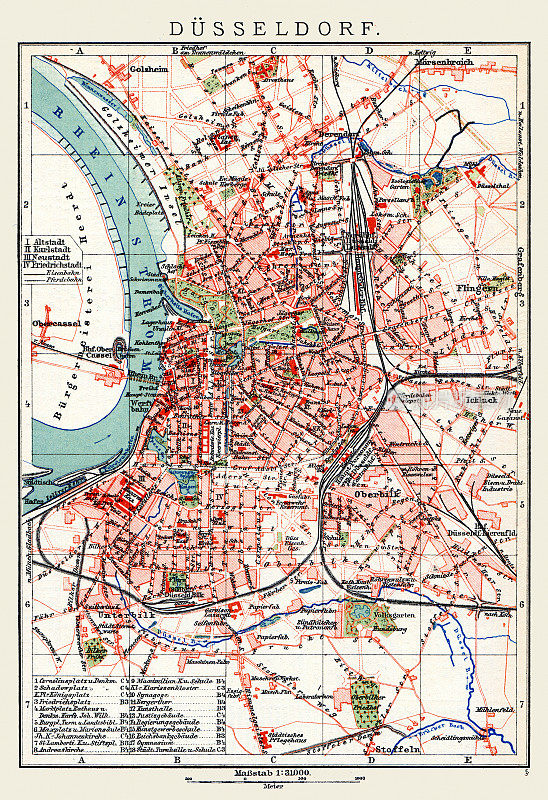 城市地图Düsseldorf德国，1898年