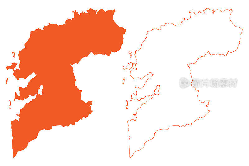 蓬特韦德拉省(西班牙王国，加利西亚自治社区)地图矢量插图，潦草素描蓬特韦德拉地图