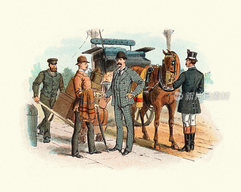 英国上流社会男子乘坐马车抵达，带着大量行李，维多利亚19世纪旅行