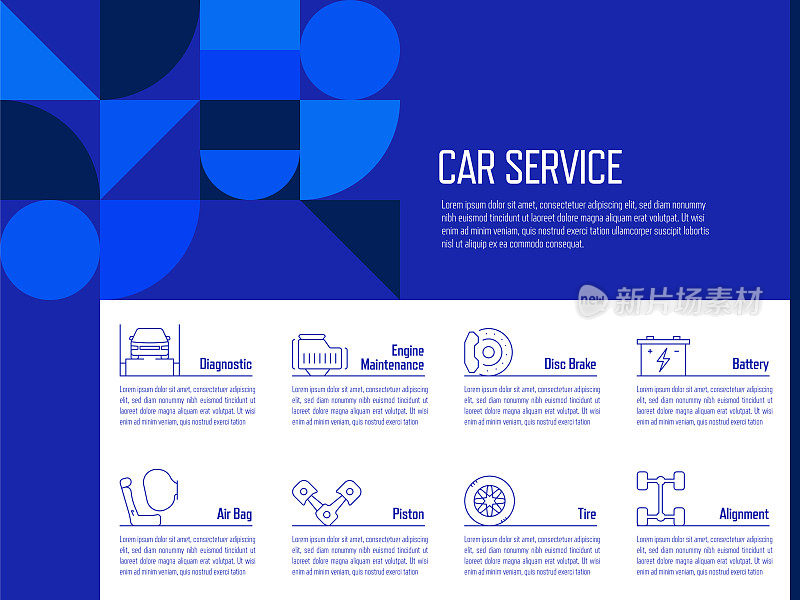 汽车服务和修理店概念矢量线信息图形设计图标。8选项或步骤的介绍，横幅，工作流程布局，流程图等。