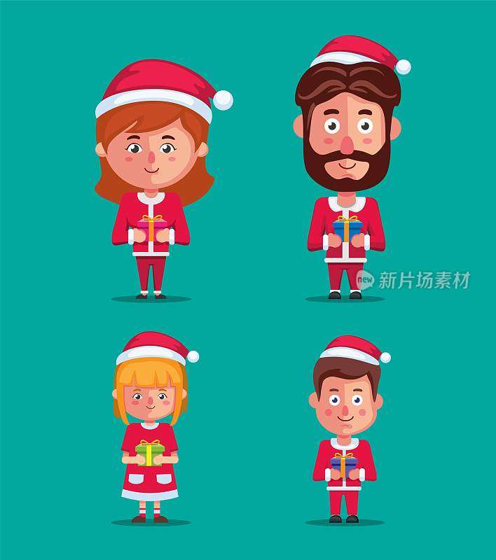 家庭穿着圣诞服装手持礼品盒字符设置在圣诞节季节插图向量