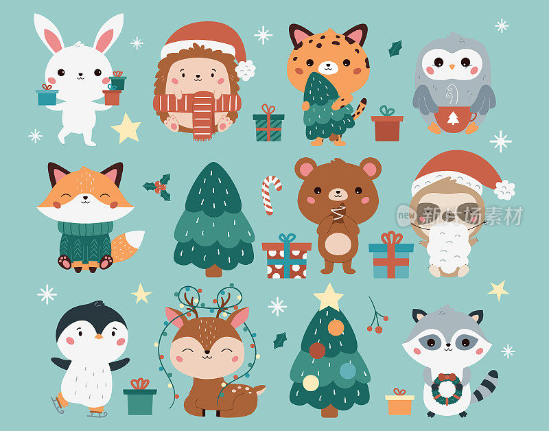 圣诞集可爱的卡哇伊动物-狐狸，兔子，豹，刺猬，猫头鹰，浣熊，鹿，企鹅，熊和树懒。
