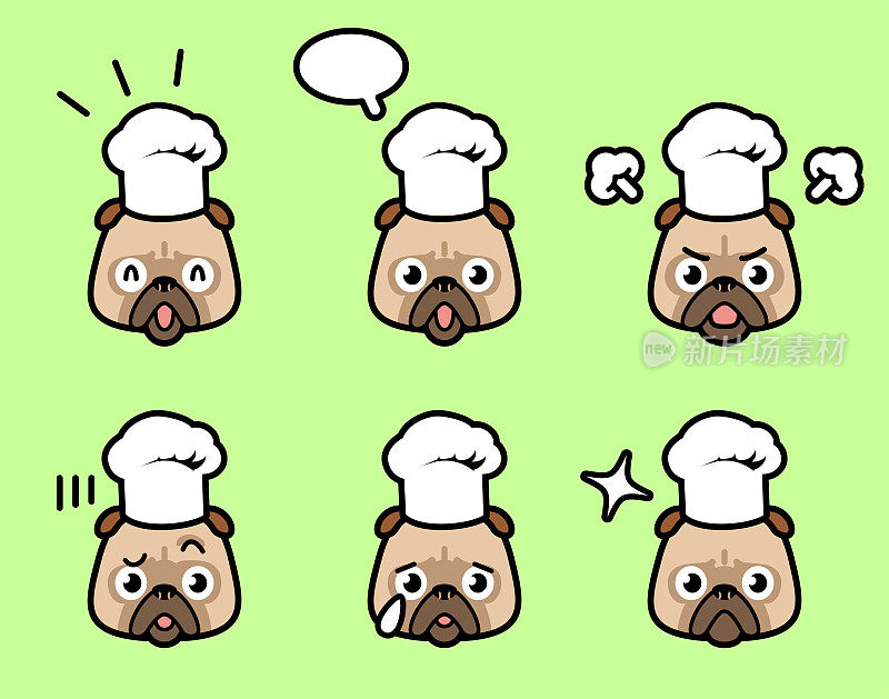 一组可爱的狗戴着厨师帽，有六种颜色柔和的面部表情