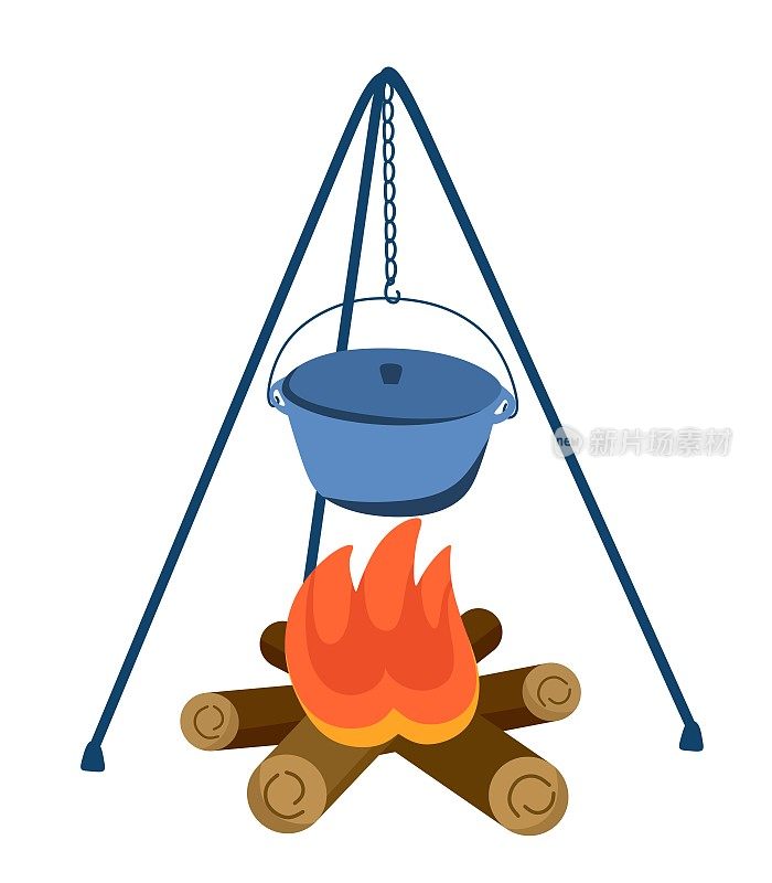在徒步旅行、旅行中带着一盆篝火。在野外或在篝火上烹饪。矢量插图。