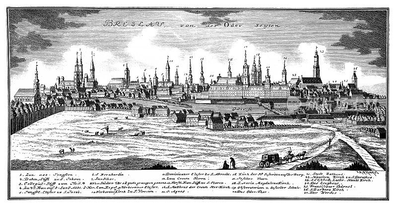 布雷斯劳最大城市的全景图，在西里西亚的奥德河，现在波兰弗罗茨瓦夫。1752年的普鲁士城镇
