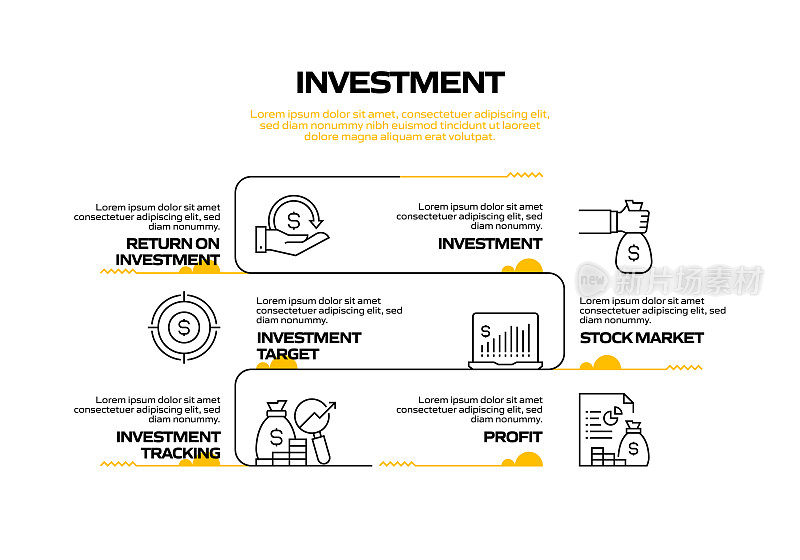 投资相关流程信息图表模板。过程时间图。带有线性图标的工作流布局