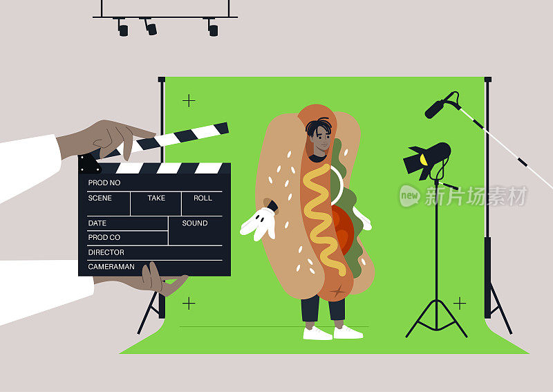 一个年轻的非洲男性角色穿着热狗服装在商业拍摄，一个色度键屏幕，照明设备，一个麦克风，一个拍板