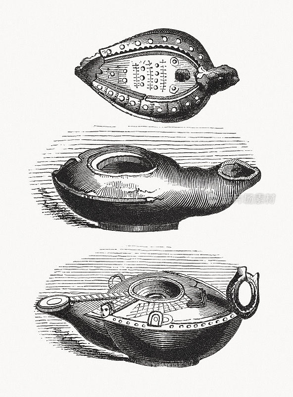 各种形式的仿古油灯，木刻，1862年出版