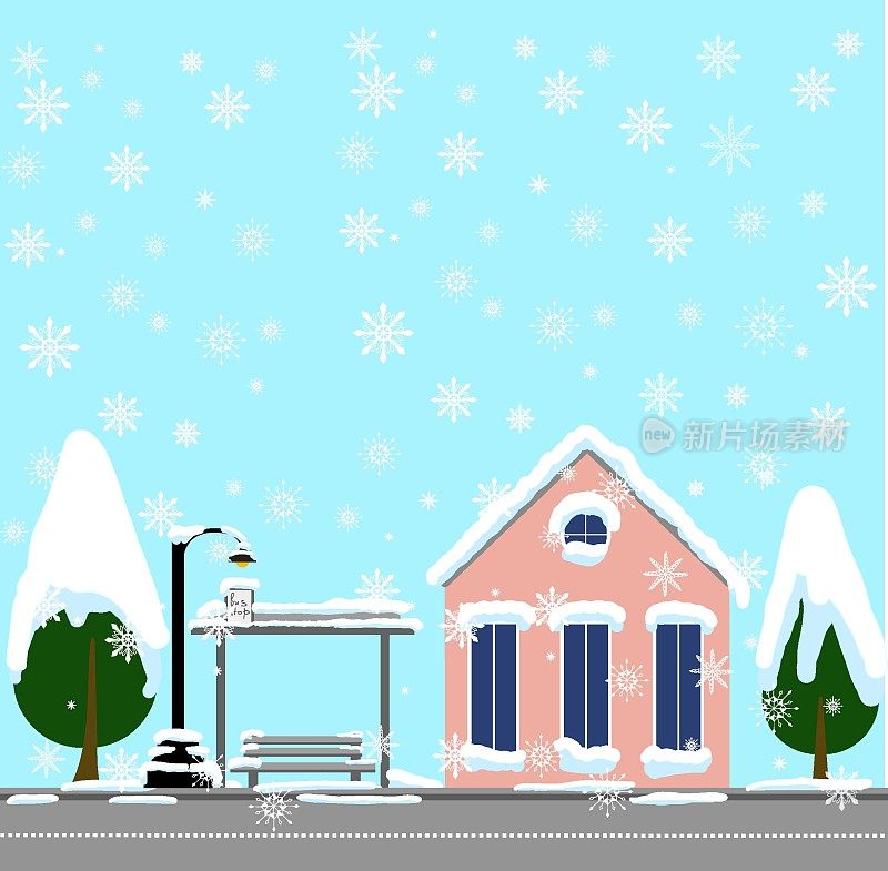 小镇明信片可爱的圣诞冬季景观，可爱的圣诞小镇和村庄与平坦的风格