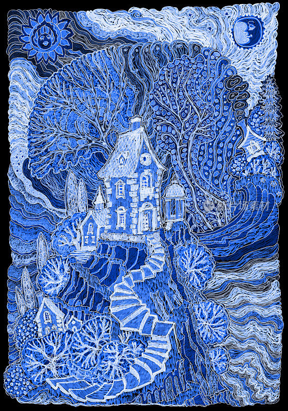 用毡尖笔描绘的梦幻海洋景观。地中海岛上童话般的中世纪城堡。蓝色t恤印刷与黑色框架