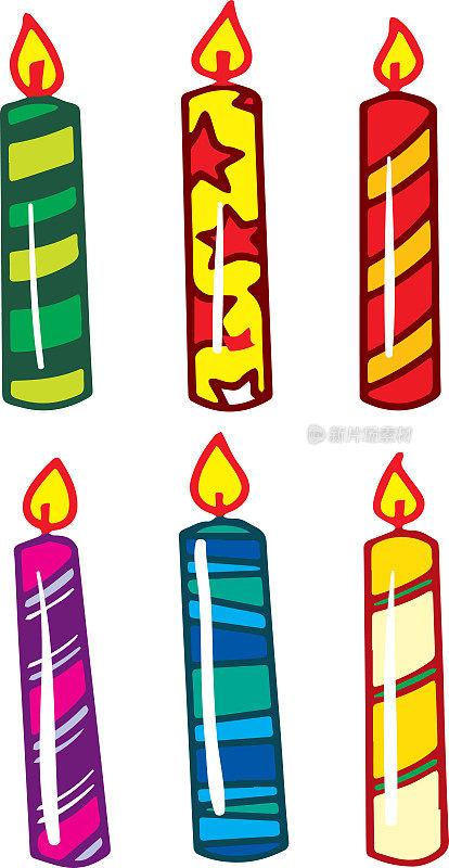带火焰的彩色蜡烛。向量卡通设置漩涡蜡烛的事件，庆祝，节日，浪漫的日期和装饰