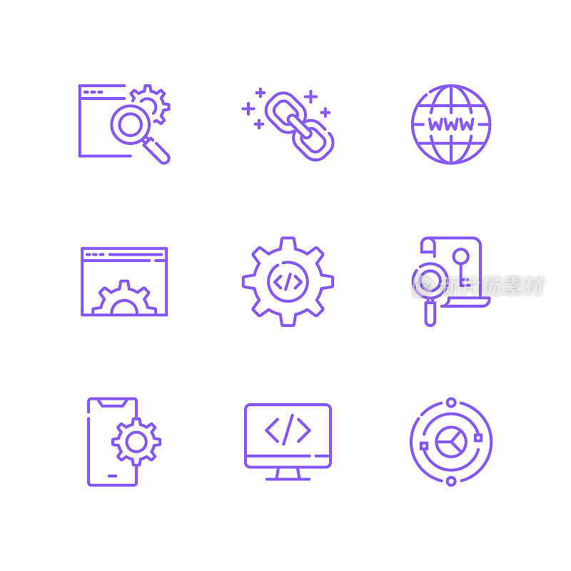 SEO相关的线图标集。轮廓符号集合，可编辑的描边