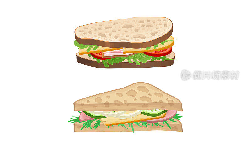 三明治。面食面包与奶酪，培根和蔬菜矢量插图