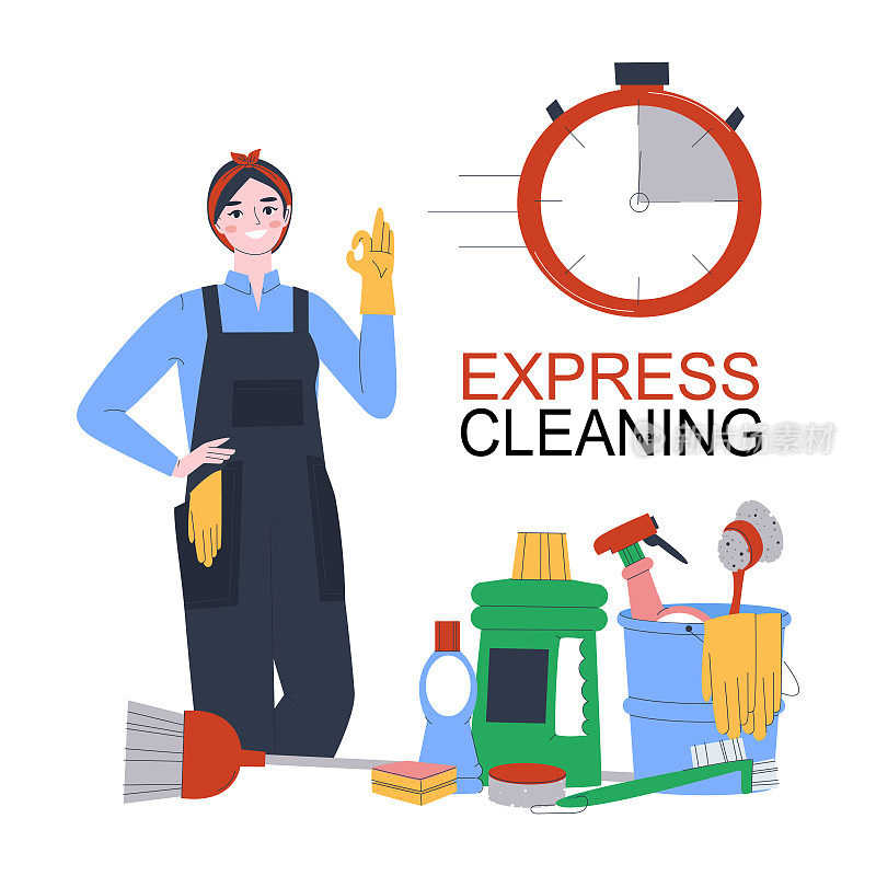 清洁女孩表现出了喜欢。表达清洁服务。家庭和办公室的清洁和订购服务。平面向量插图。