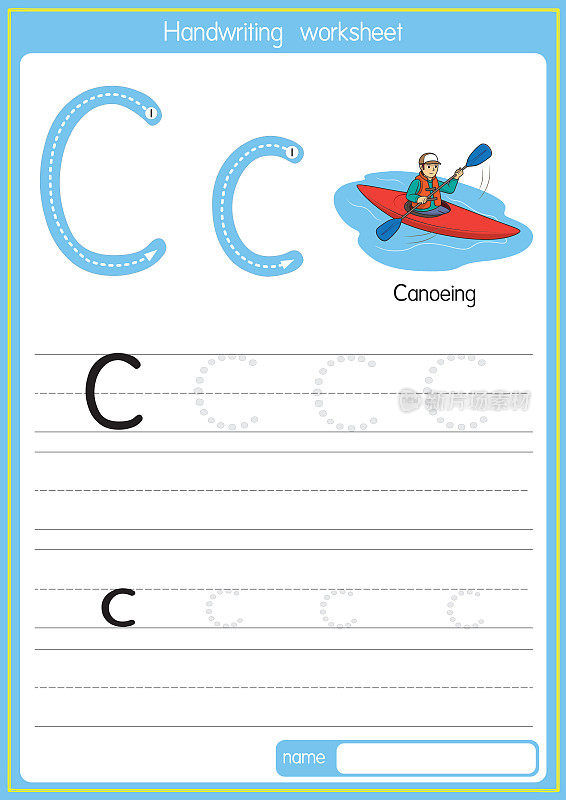 矢量说明划独木舟与字母C大写字母或大写字母为儿童学习练习ABC