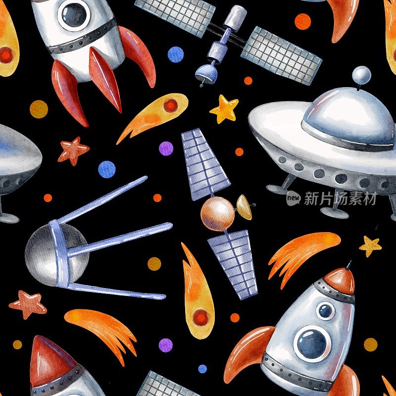 手绘水彩空间无缝图案小行星，恒星，宇宙飞船，宇宙飞船。用于海报，传单，卡片，模板，纺织品，织物，设计，印刷，设计，商店，广告