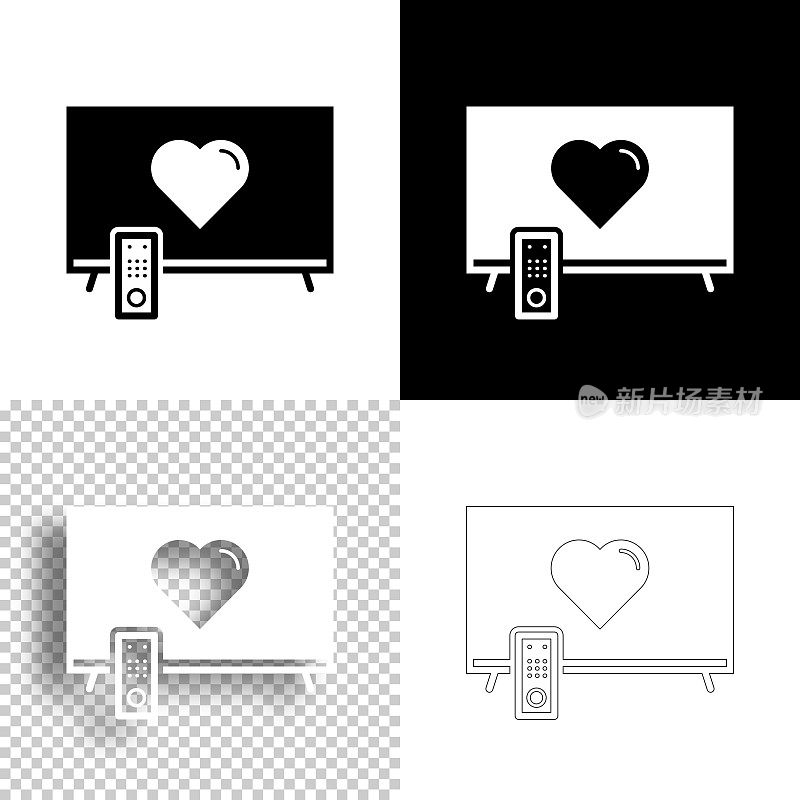 电视与心。图标设计。空白，白色和黑色背景-线图标