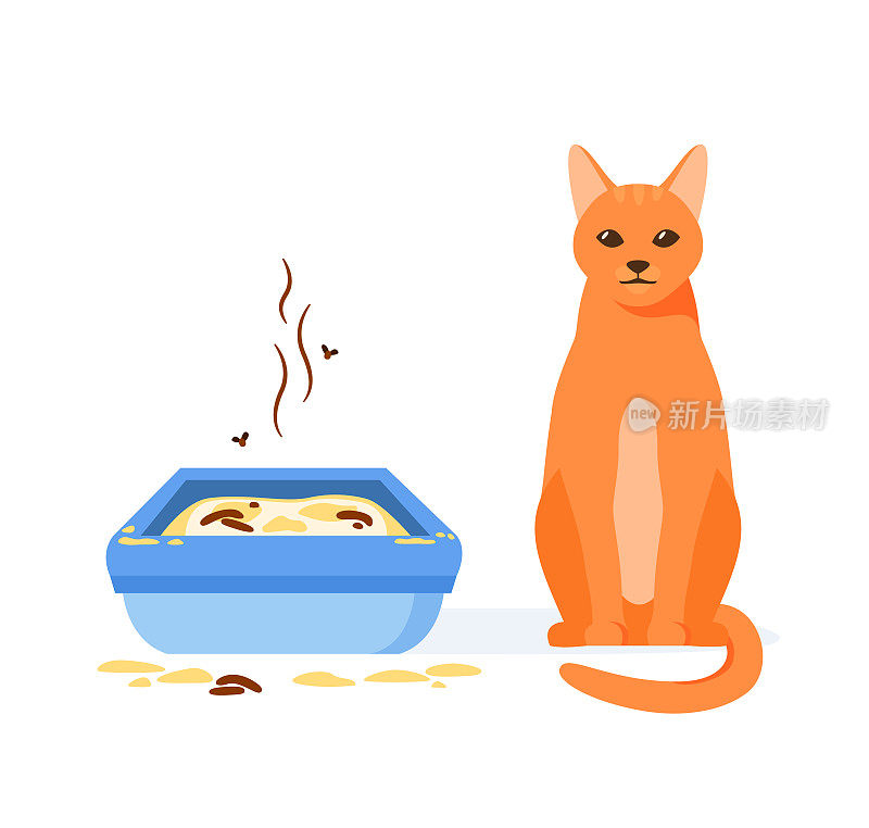 猫不使用脏的猫砂盒。维护猫厕所的错误方法。宠物厕所卫生概念。平面向量插图