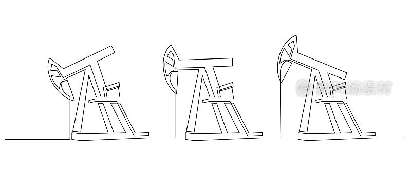 连续画线的油泵千斤顶平台。钻井平台石油生产和贸易工业简单的线性风格。不可再生能源的概念。描边矢量图