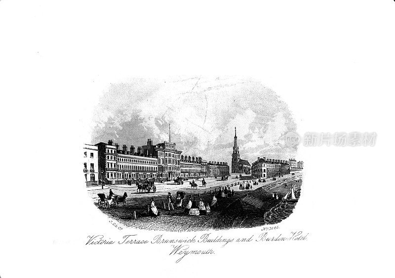 1860年韦茅斯、梅尔库姆里吉斯及周边地区的黑白景观;维多利亚露台，布伦斯维克建筑和伯顿酒店