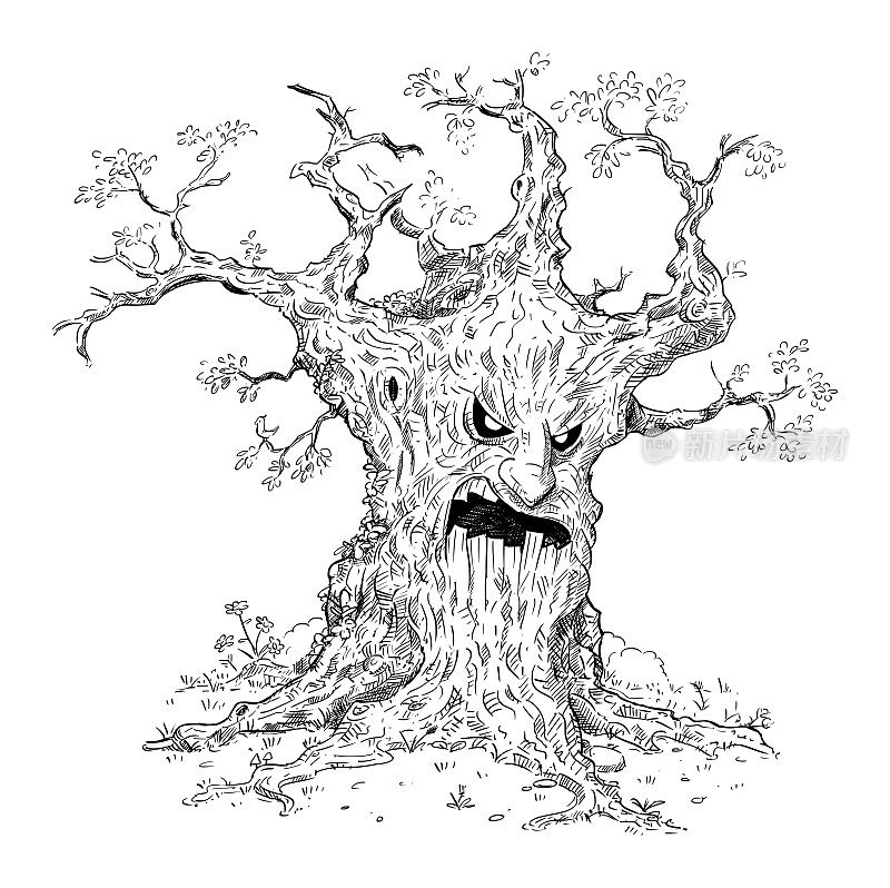 邪恶的旧幻想树从魔法森林，矢量卡通简笔画插图
