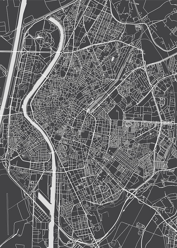 塞维利亚城市地图，单色详细规划，矢量插图