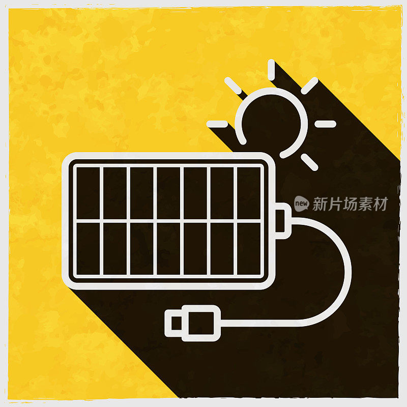 太阳能充电器。图标与长阴影的纹理黄色背景
