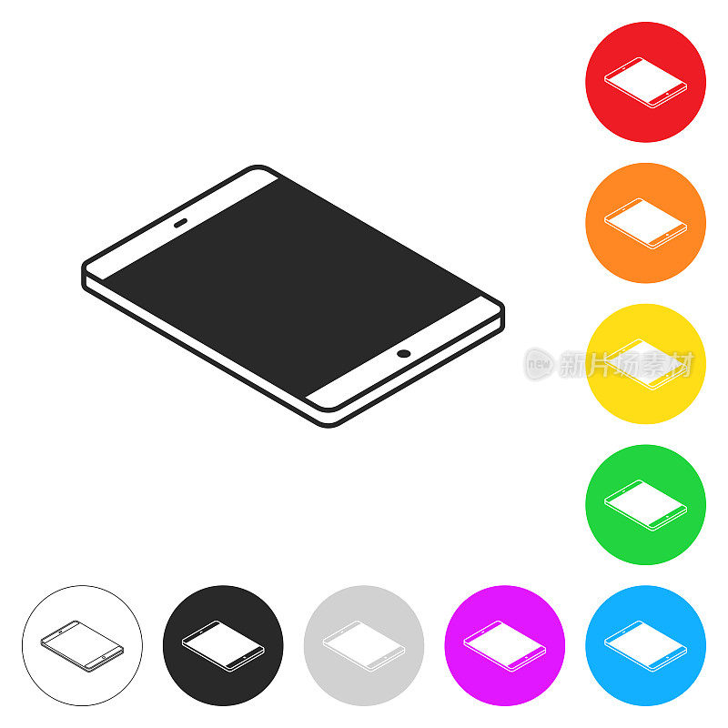 等距平板电脑-平面位置。彩色按钮上的图标